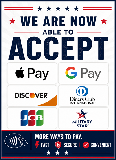 payments accepted are Apple pay, google Pay, Discover, Diners club international, JCB, and Military star